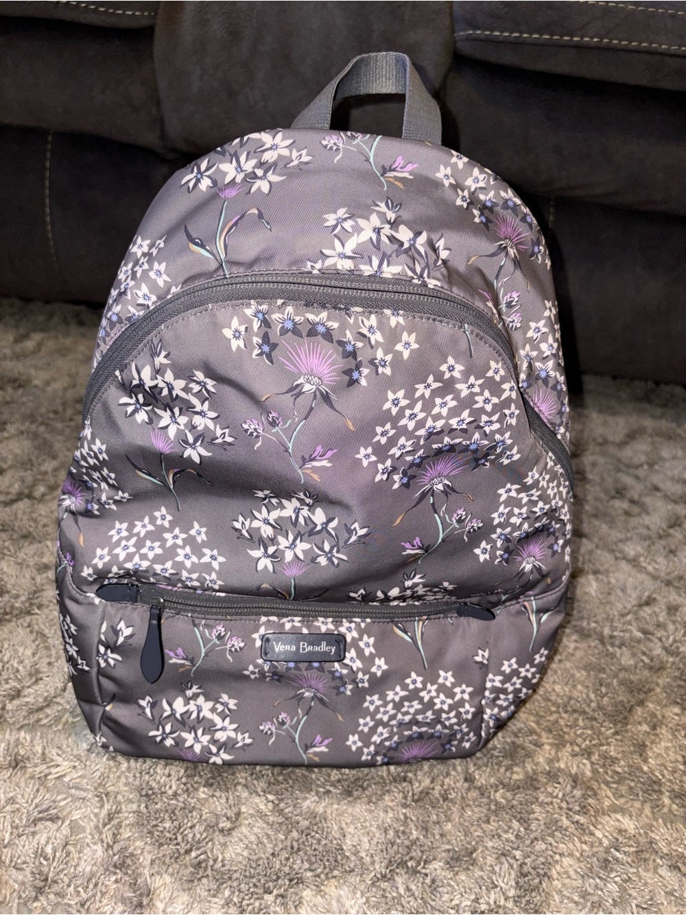 Vera Bradley Gray Floral Mini Backpack with Purple Accents